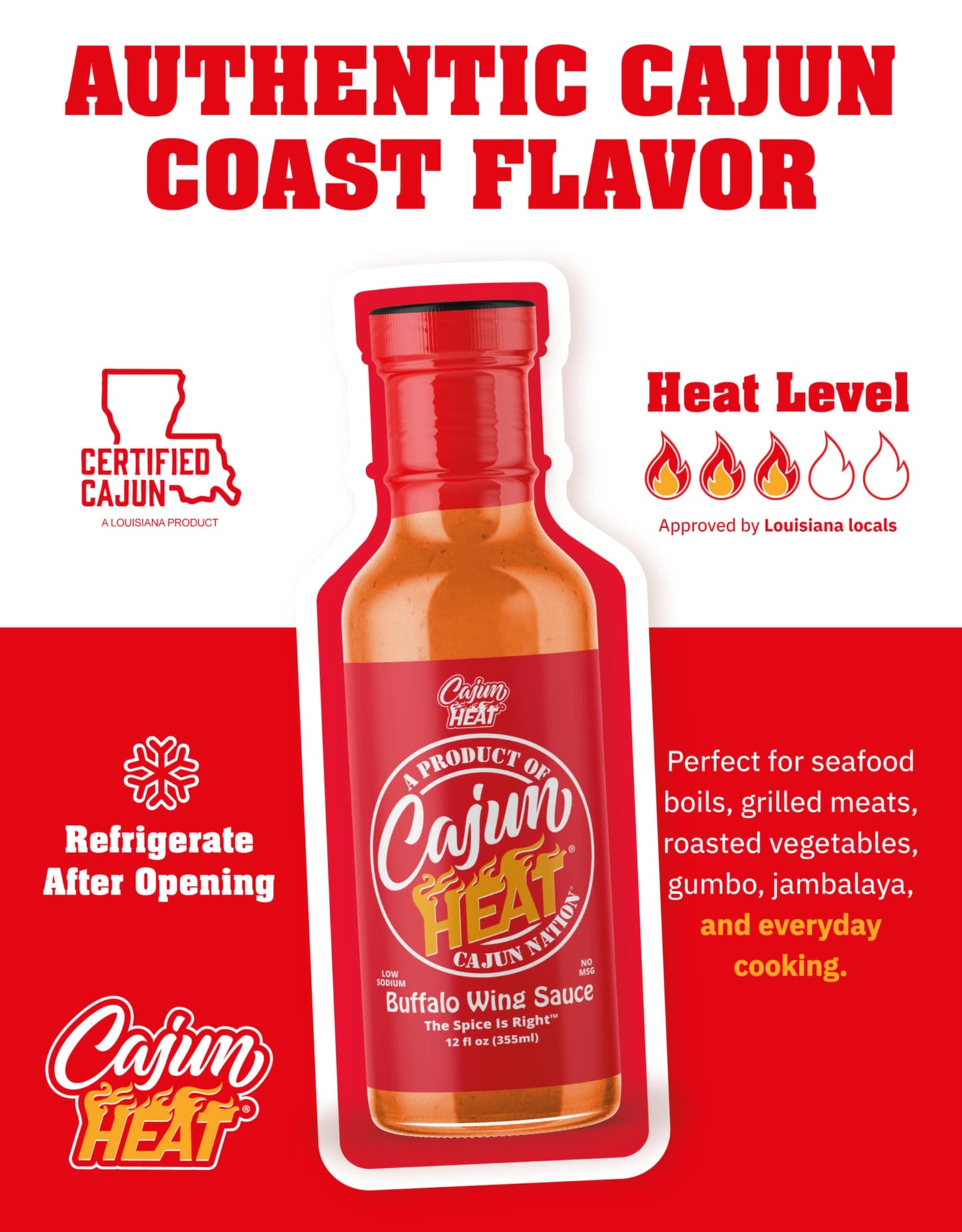 Cajun Nation - Cajun Heat - Buffalo Wing Sauce - Low Sodium - No MSG - Gluten-Free. The Spice Is Right.