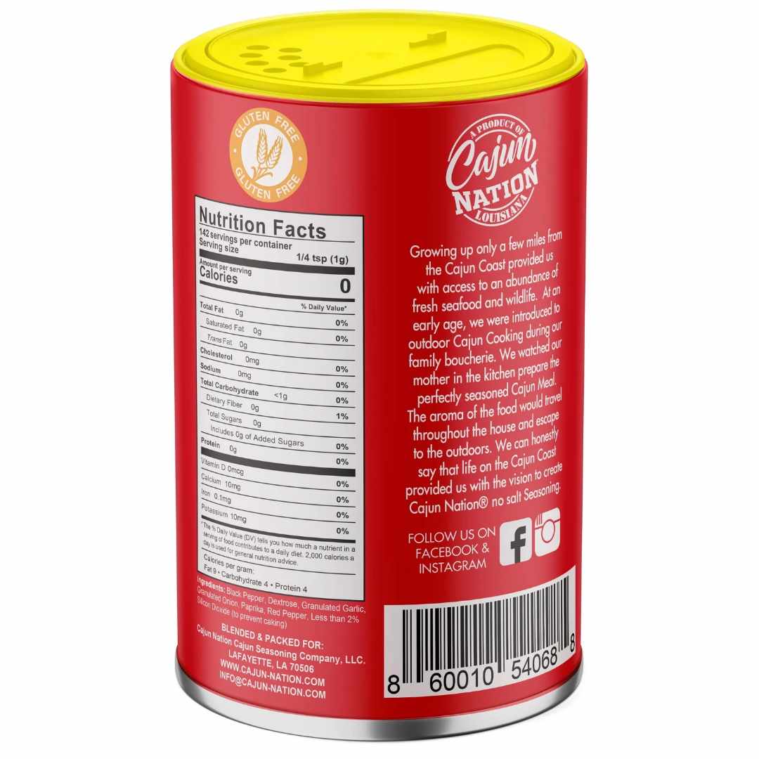 • FLAVOR WITHOUT THE SALT: Savor the bold, authentic taste of Cajun cuisine without worrying about sodium—crafted with a zesty blend of herbs and spices straight from Louisiana.
• NO SALT, NO MSG, NO GLUTEN: This heart-healthy Cajun seasoning is perfect for those on low-sodium or allergy-conscious diets. Clean label. Big flavor.
• NOT SALTY – JUST BALANCED SPICE - A premium Cajun seasoning blend with the perfect balance of heat and savory—ideal for gumbo, jambalaya, etouffee.. GEAUX GET THE RED CAN!