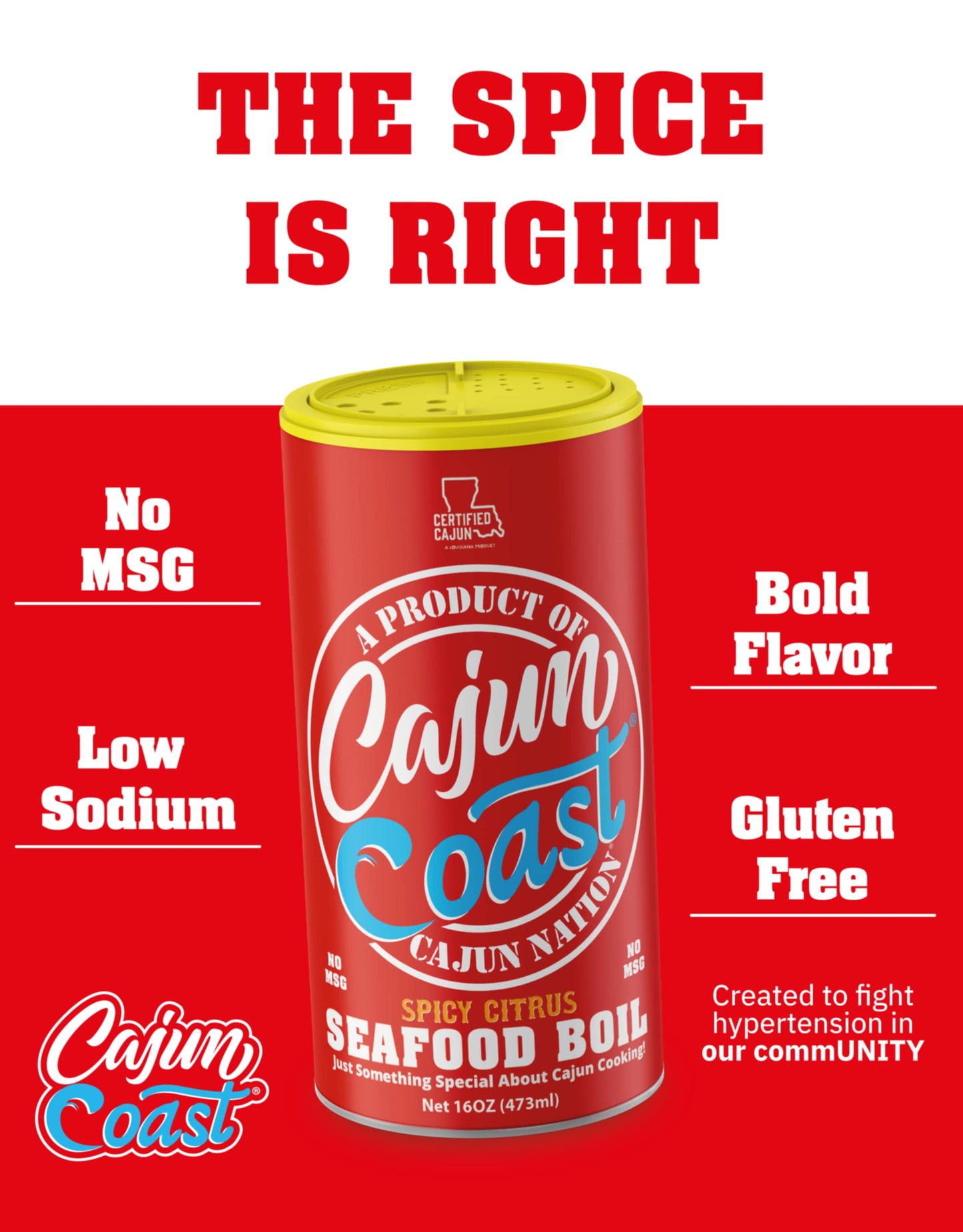 Cajun Nation - Cajun Coast - Spicy Citrus - Seafood Boil - Low Sodium - No MSG - Gluten-Free - GEAUX GET THE RED CAN!
