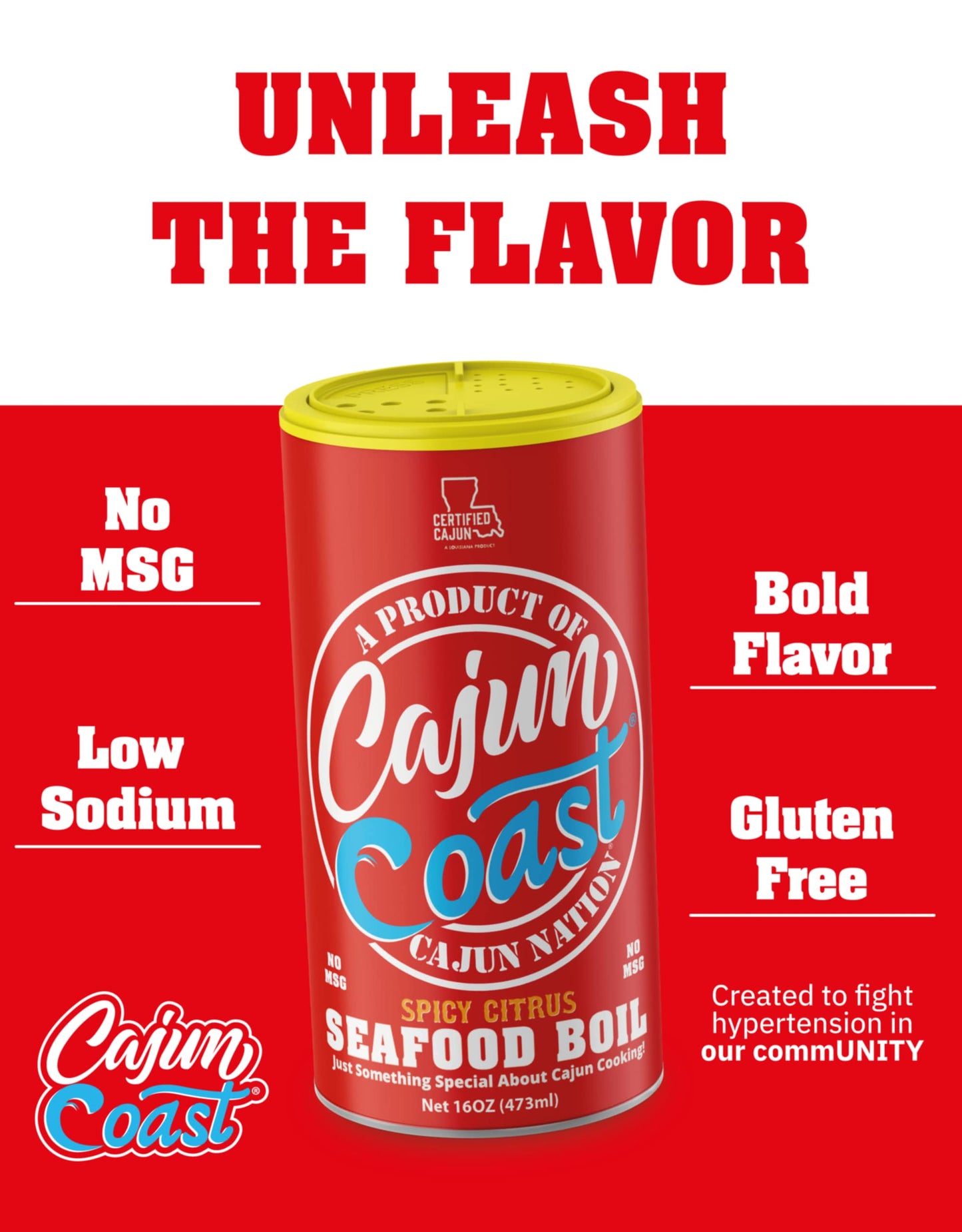Cajun Nation - Cajun Coast - Unleash The Flavor - Seafood Boil - Spicy Citrus - Low Sodium - No MSG - Gluten-Free - GEAUX GET THE RED CAN!
