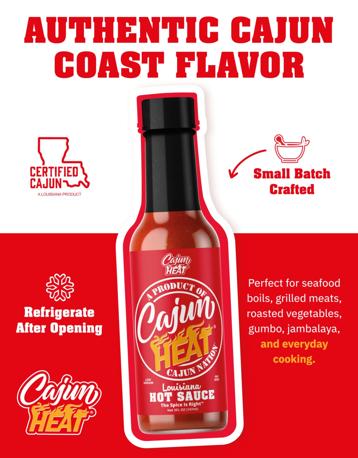 Cajun Nation - Cajun Heat - Louisiana - Hot Sauce - Low Sodium - No MSG - Gluten-Free - The Spice Is Right!