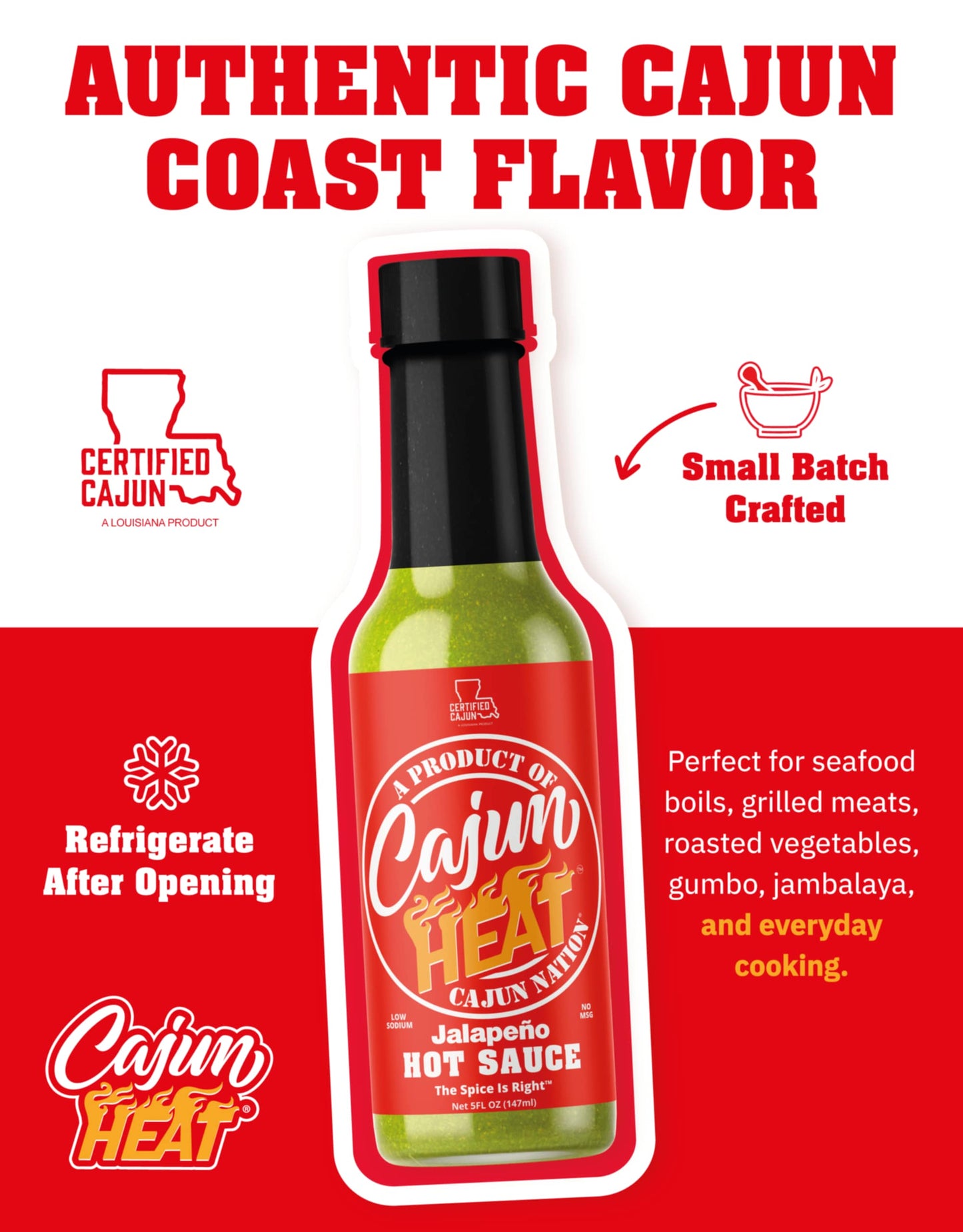 Cajun Nation - Cajun Heat - jalapeno Hot Sauce - Low Sodium - No MSG - Gluten-Free. The Spice Is Right.