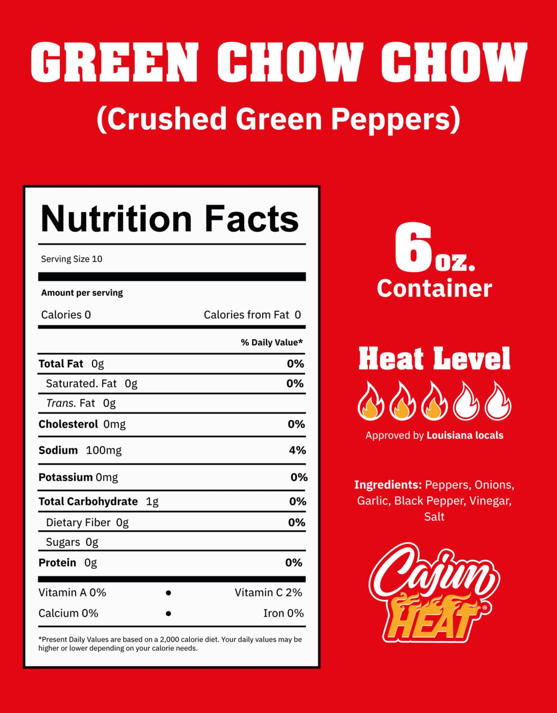 Cajun Nation - Cajun Heat - Green -  Chow Chow - Low Sodium - No MSG - Gluten-Free - The Spice Is Right.