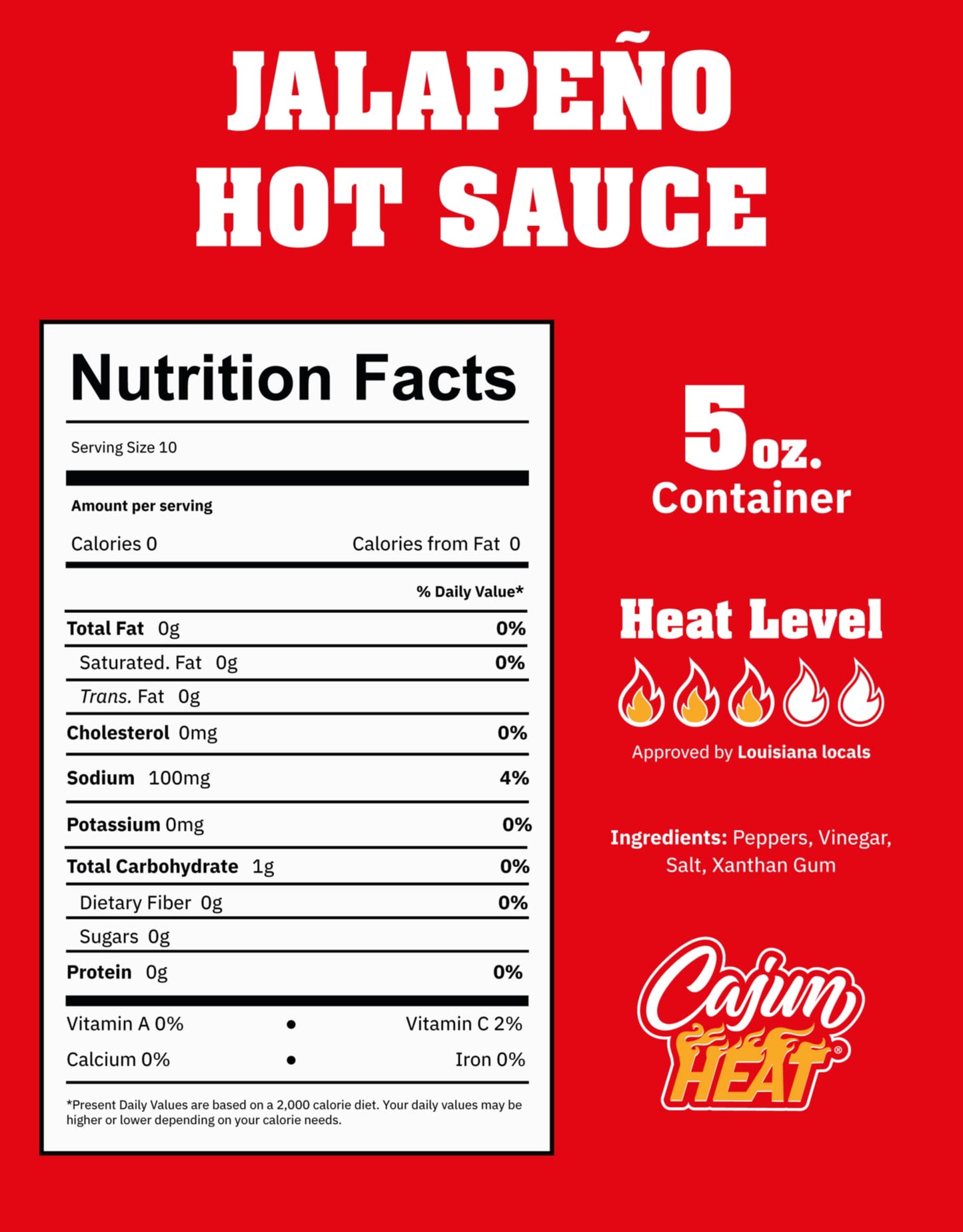 Cajun Nation - Cajun Heat - Jalapeno Hot Sauce - Low Sodium - No MSG - Gluten-Free