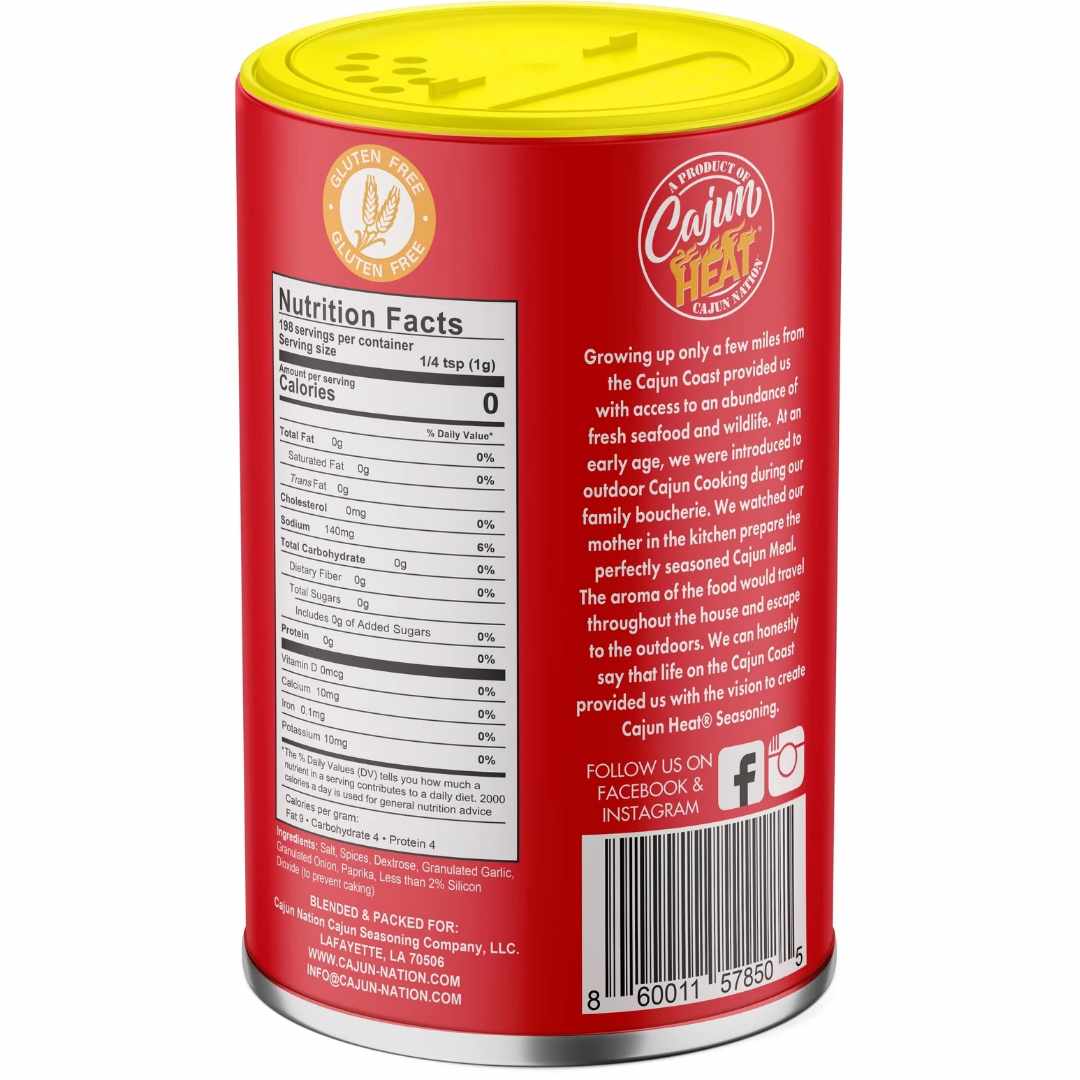 GEAUX GET THE RED CAN - Cajun Nation CAJUN HEAT Cajun Seasoning is a 7oz flavorful LOW SODIUM, (140mg) Cajun Seasoning blend of Cajun Spices with No MSG,GLUTEN FREE and Great Flavor. Ingredients: Salt, Spices, Dextrose, Granulated Garlic, Granulated Onion, Paprika, Silicon Dioxide (to prevent caking). Cajun Nation, Louisiana along the Cajun Coast.