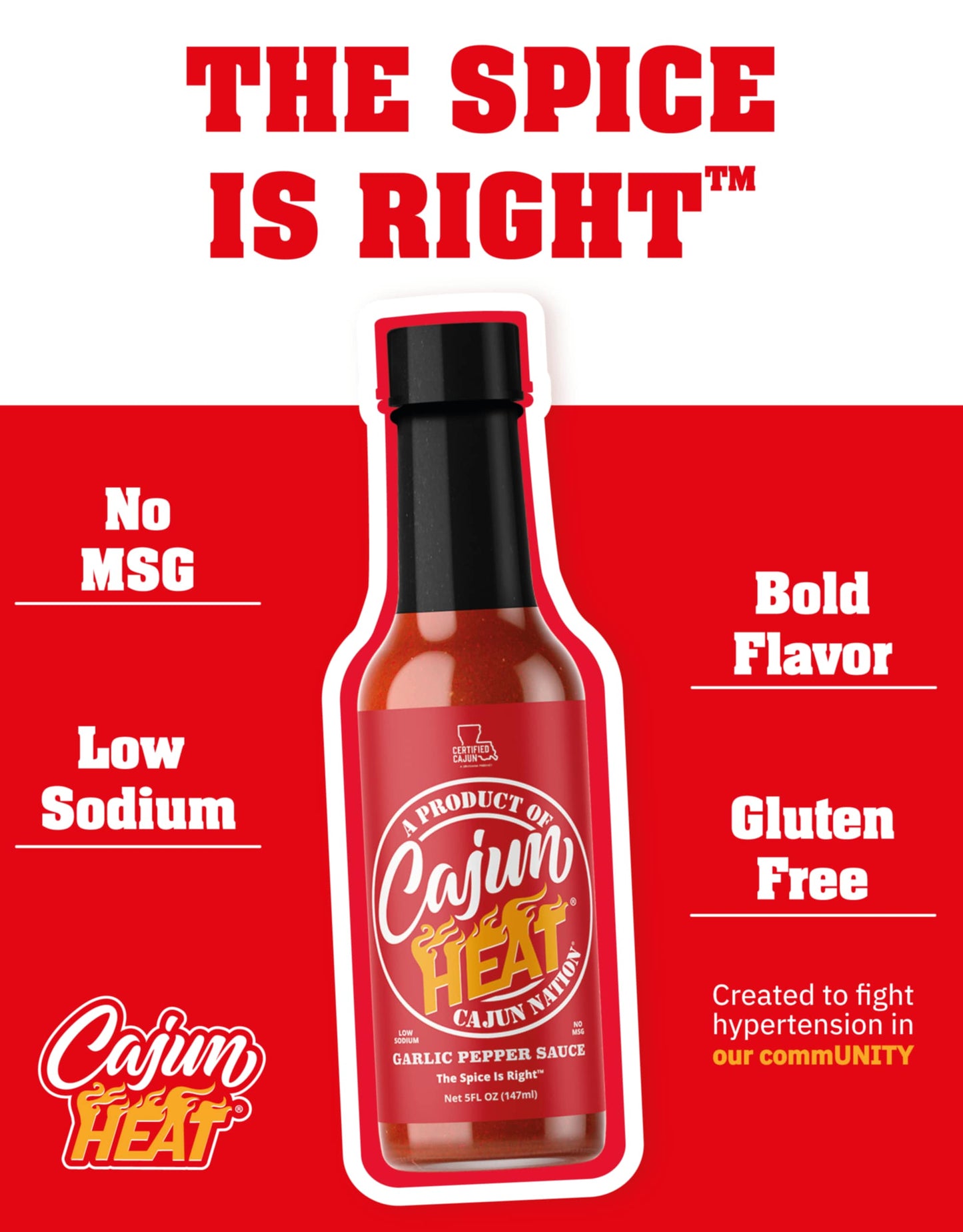 Cajun Nation - Cajun Heat - Garlic - Pepper - Low Sodium - No MSG - Gluten-Free - The Spice Is Right.