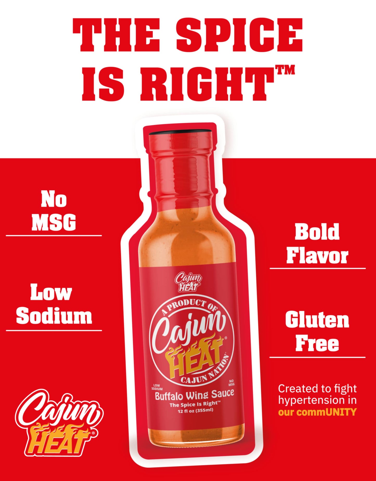 Cajun Nation - Cajun Heat - Buffalo Wing Sauce - No MSG - Low Sodium - Gluten-Free. The Spice Is Right.
