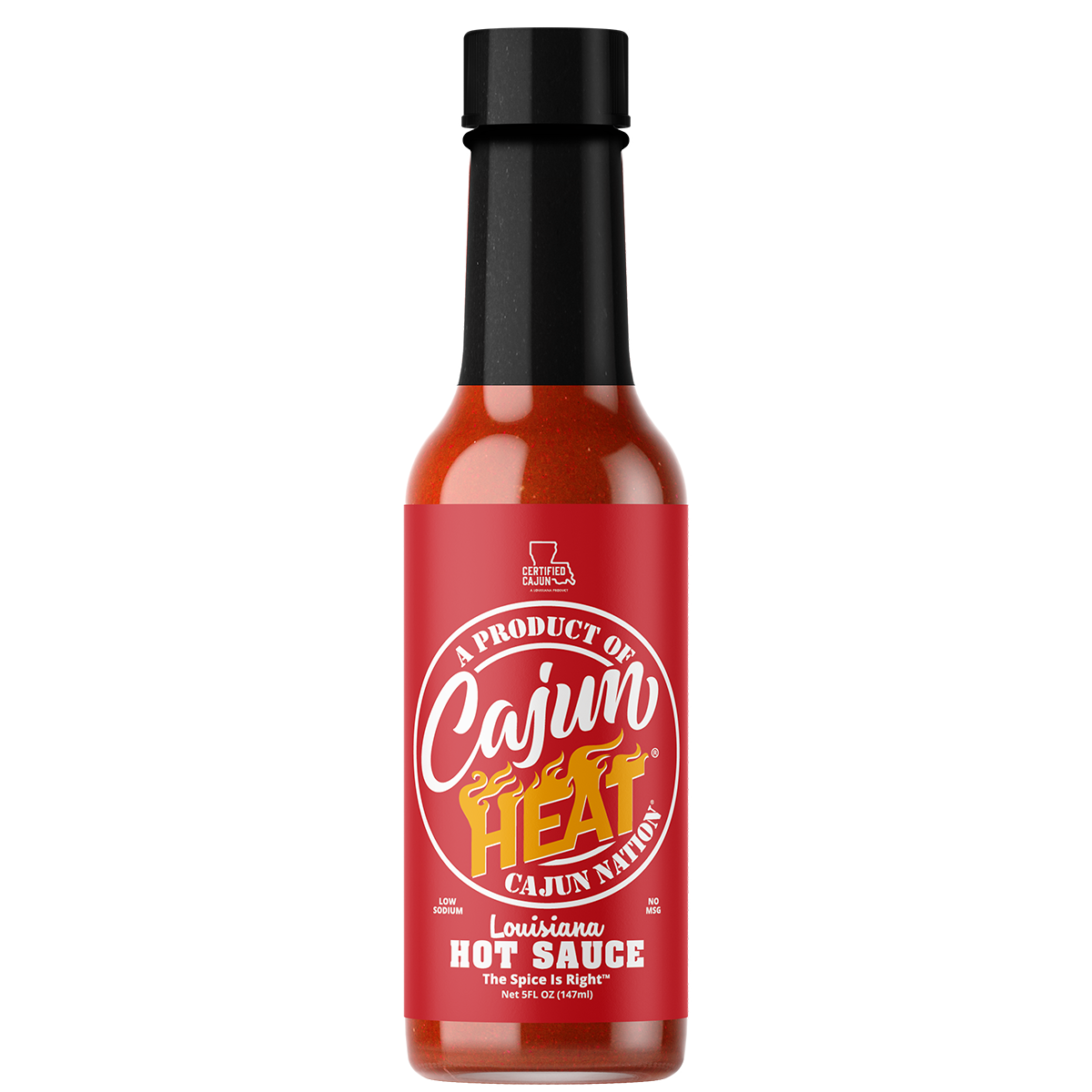 Cajun Nation CAJUN HEAT Low Sodium Louisiana Hot Sauce is a LOW SODIUM 5 fluid ounces, flavorful blend of Red Peppers with No MSG. It contains 100mg of sodium. Cajun Nation, Louisiana along the Cajun Coast.