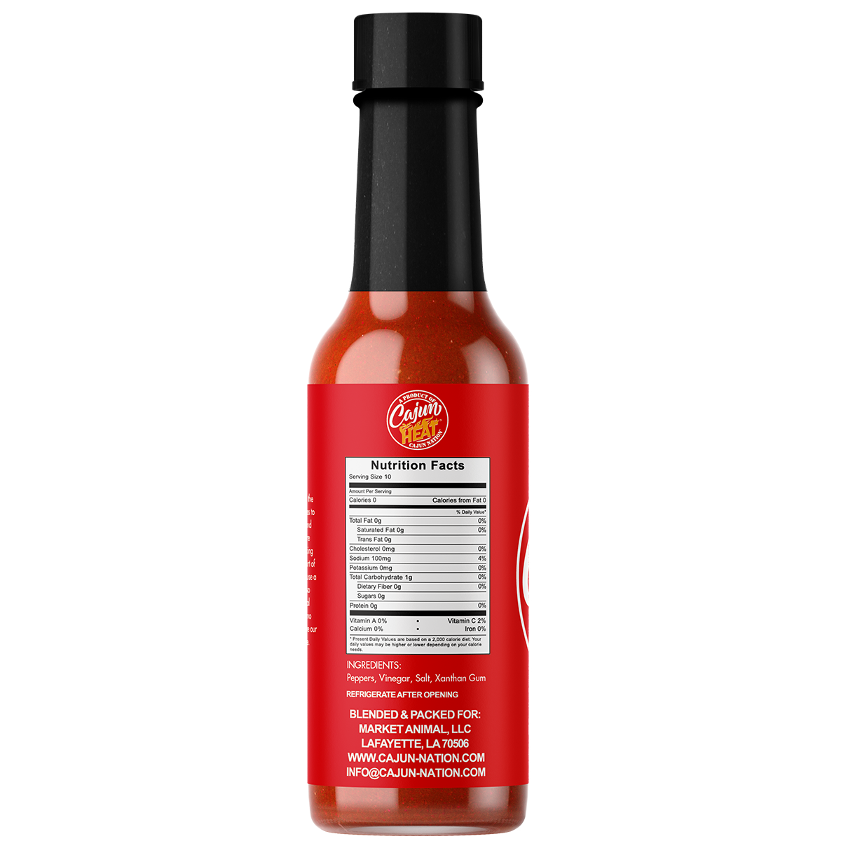 Cajun Nation CAJUN HEAT Low Sodium Louisiana Hot Sauce is a LOW SODIUM 5 fluid ounces, flavorful blend of Red Peppers with No MSG. It contains 100mg of sodium. Cajun Nation, Louisiana along the Cajun Coast.