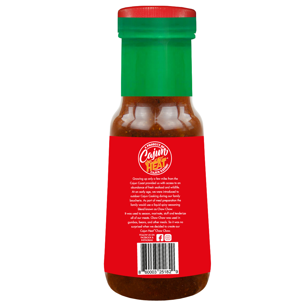 Cajun Heat Red Chow Chow - Crushed Red Peppers ( Old Fashion Cajun Hot Sauce ) is a Certified Cajun 6 oz LOW SODIUM flavorful blend of Cajun Red Peppers with No MSG blended for the Home Chef. It contains 100mg of sodium. Ingredients: Peppers, Onions, Garlic, Black Pepper, Salt, Vinegar. Blended in Cajun Nation along the Cajun Coast in Southwest Louisiana.