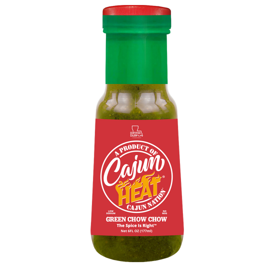 Cajun Nation Cajun Heat Low Sodium Green Chow Chow of Crushed Green Peppers is a Certified Cajun 6 fluid ounces LOW SODIUM flavorful blend of Cajun Green Peppers with No MSG. It contains 100mg of sodium. Ingredients: Peppers, Onions, Garlic, Black Pepper, Salt, Vinegar. Made in Cajun Nation, Louisiana along the Cajun Coast.