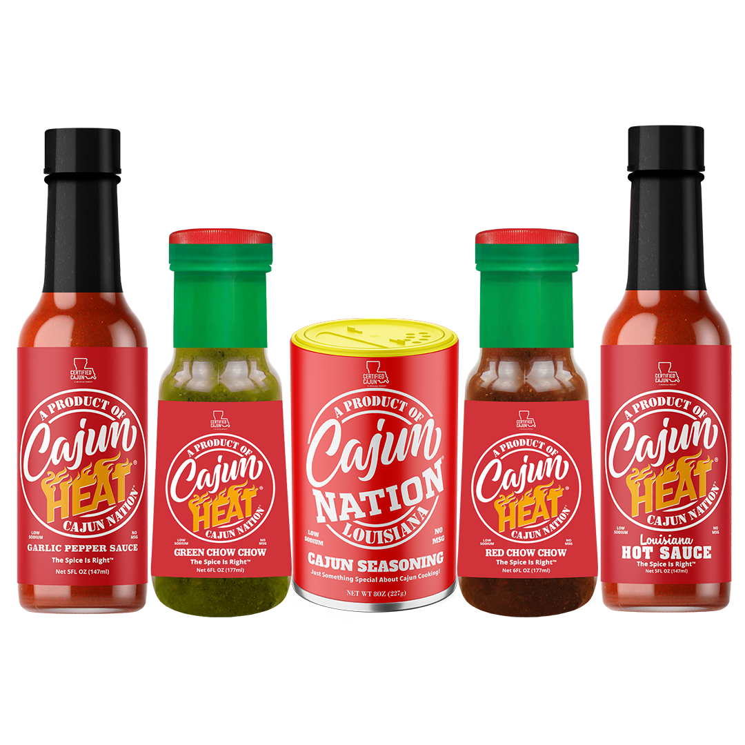 Cajun Nation Cajun Seasoning and Cajun Heat Hot Sauces, 5 Pack: LOW SODIUM with No MSG and Gluten Free 1-Cajun Nation Cajun Seasoning 1-Cajun Heat Garlic Pepper Sauce 1-Cajun Heat Chow Chow Cajun Red Pepper 1-Cajun Heat Chow Chow Cajun Green Pepper 1-Cajun Heat Louisiana Hot Sauce. Blended in Cajun Nation along the Cajun Coast in Southwest Louisiana.