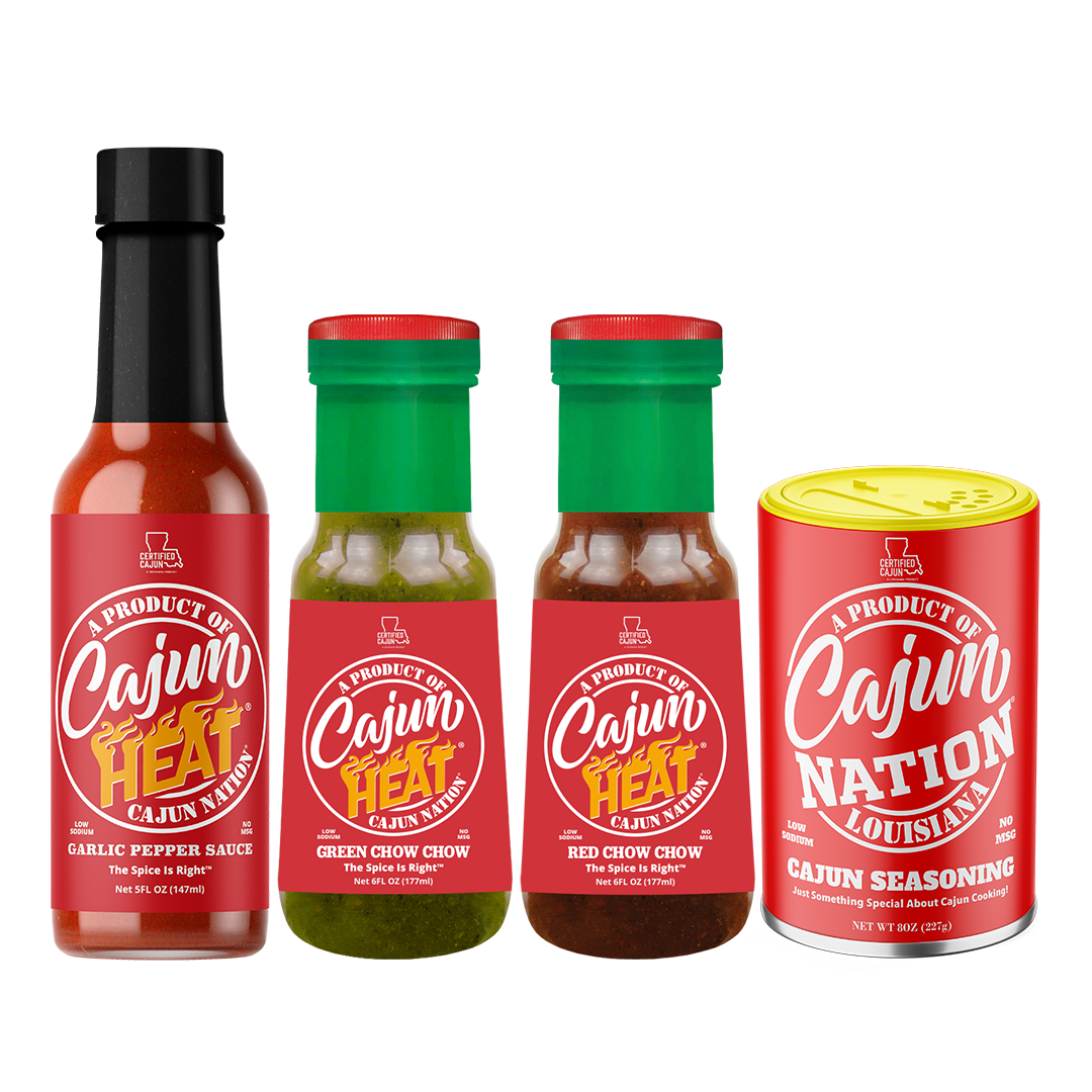 Cajun Nation Cajun Seasoning and Cajun Heat Hot Sauces, 4 Pack: LOW SODIUM with No MSG and Gluten Free. Blended in Cajun Nation along the Cajun Coast in Southwest Louisiana.
