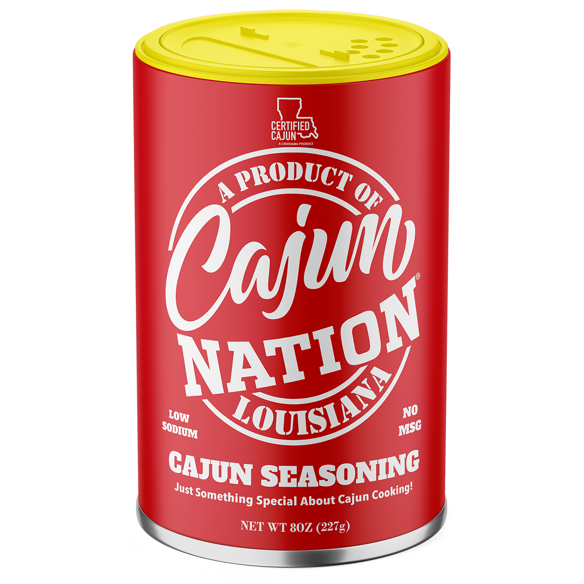 GEAUX GET THE RED CAN - Cajun Nation Cajun Seasoning Low Sodium is a Certified Cajun 8oz flavorful LOW SODIUM (140mg) Cajun Seasoning blend of Cajun Spices with No MSG and GLUTEN FREE, Great Flavor. Blended in Cajun Nation, Louisiana along the Cajun Coast.