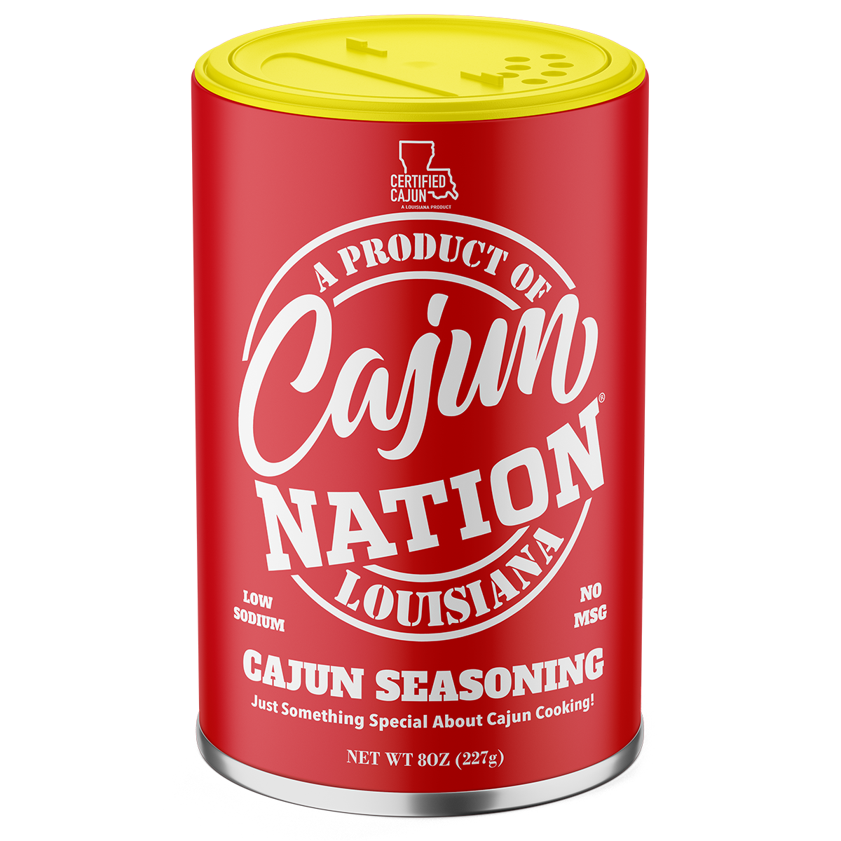 GEAUX GET THE RED CAN - Cajun Nation Cajun Seasoning is a Certified Cajun 8oz flavorful LOW SODIUM (140mg) Cajun Seasoning blend of Cajun Spices with No MSG and GLUTEN FREE blended for the Home Chef. Blended in Cajun Nation along the Cajun Coast in Southwest Louisiana.
