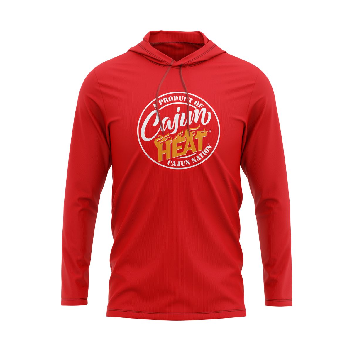 Cajun Heat Red Lightweight Pullover Hoodie - 4.3 oz., 100% combed ring spun cotton, 32 singles Heather colors are 65/35 polyester/ringspun cotton Relaxed unlined hood with contrast drawcord Double-needle neck, sleeve and bottom hem Tubular construction Plastisol print