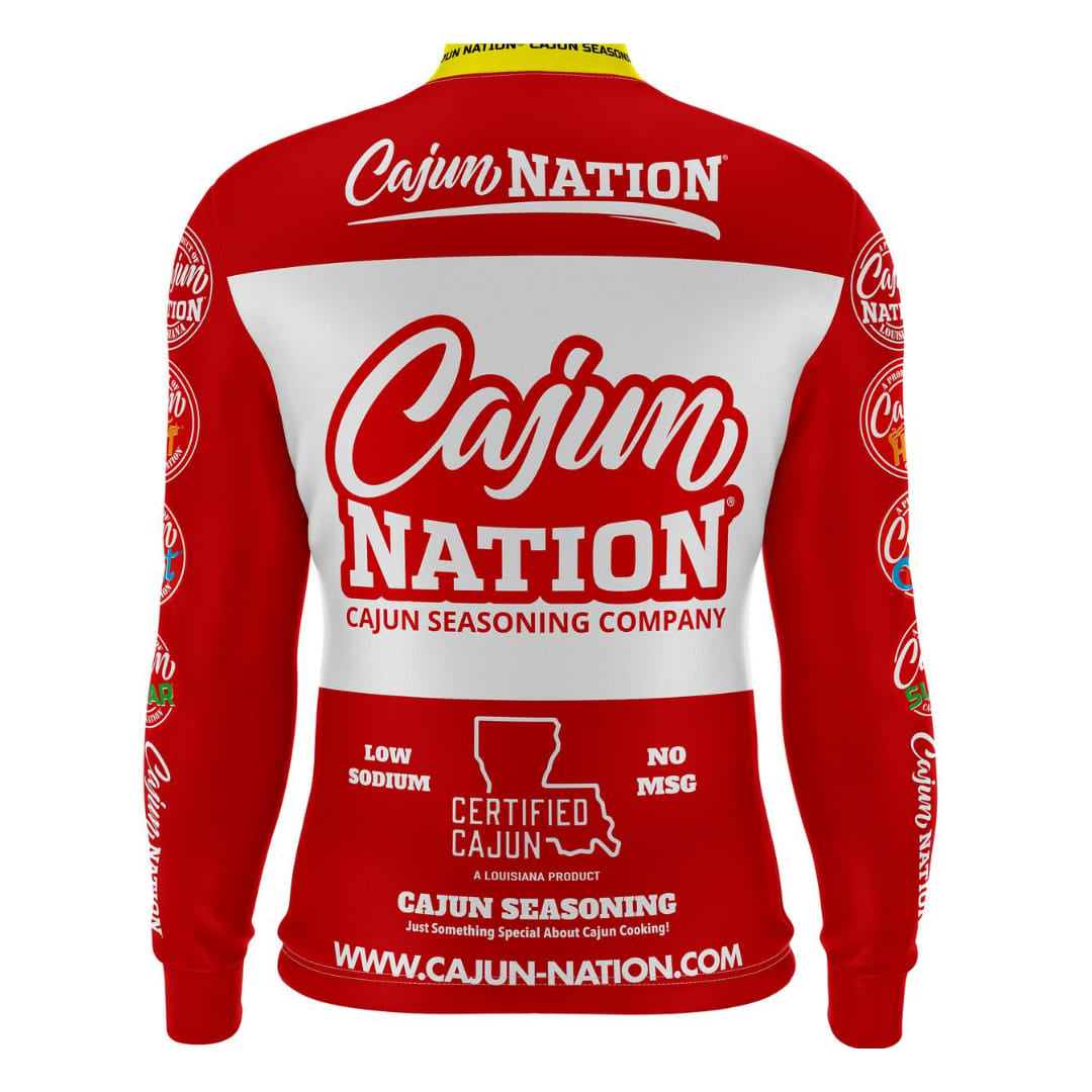 Cajun Nation Co. Long Sleeve Sports Performance Jersey Lightweight dri-fit long sleeve jersey featuring the exclusive designs of the Cajun Nation® Cajun Seasoning - Cajun Nation, Cajun Heat, Cajun Coast and Cajun Sugar brands. The fabric is lightweight with features of breathability, quick-dry, and moisture-wick. Zipper garage greatly prevents zipper from rubbing your skin. Elastic hem of high quality prevents jersey from rolling up. Long sleeves can protect you from getting a sunburn.