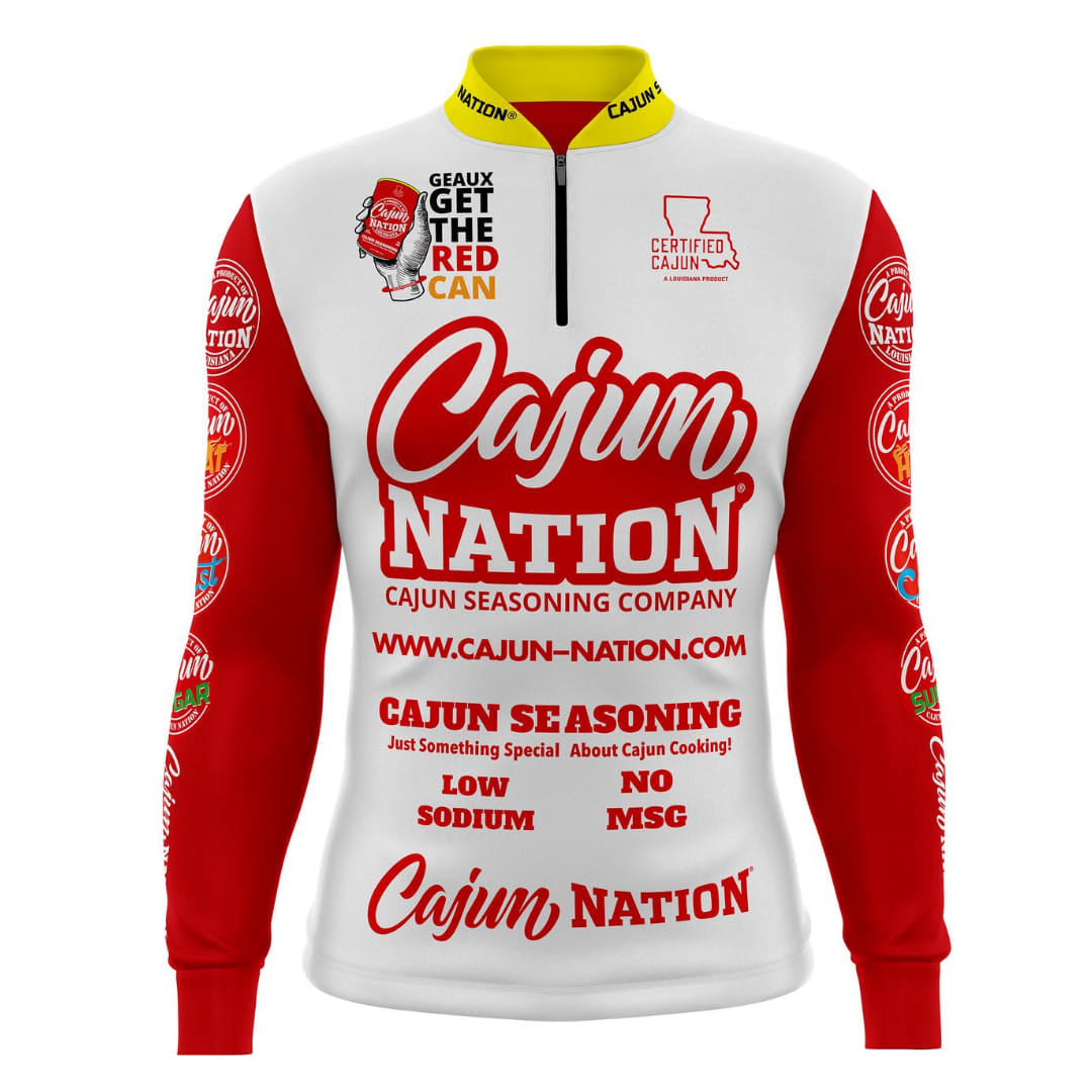 Cajun Nation Co. Long Sleeve Sports Performance Jersey Lightweight dri-fit long sleeve jersey featuring the exclusive designs of the Cajun Nation® Cajun Seasoning - Cajun Nation, Cajun Heat, Cajun Coast and Cajun Sugar brands. The fabric is lightweight with features of breathability, quick-dry, and moisture-wick. Zipper garage greatly prevents zipper from rubbing your skin. Elastic hem of high quality prevents jersey from rolling up. Long sleeves can protect you from getting a sunburn.