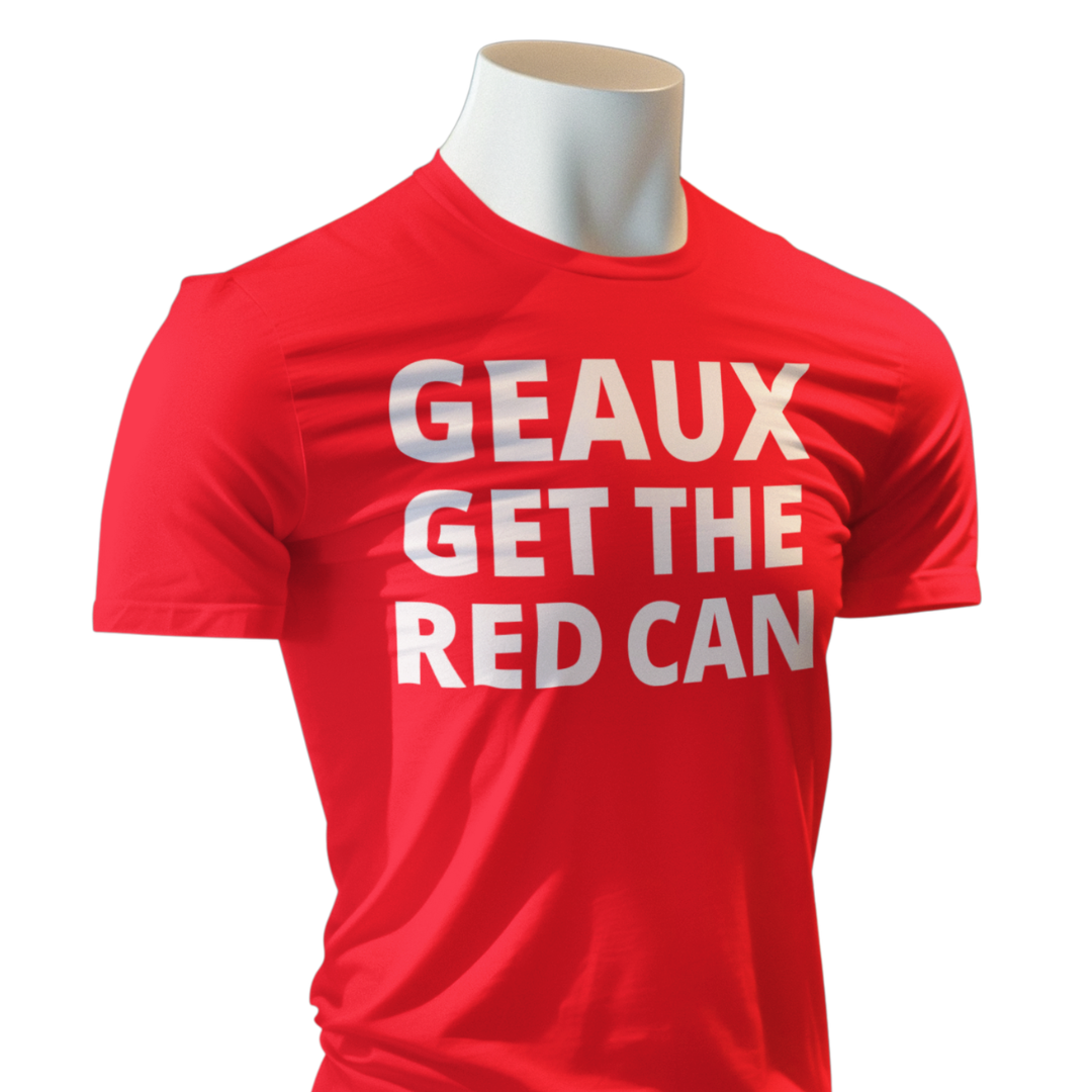 Cajun Nation GEAUX GET THE RED CAN T-Shirt
4.3 oz., preshrunk 100% combed ring-spun cotton
Seamed collar
Shoulder-to shoulder tape
Features a TearAway label
Tubular construction
Semi-fitted
Double-needle sleeve and bottom hem
Oeko-Tex® Standard 100 Certified
Plastisol print