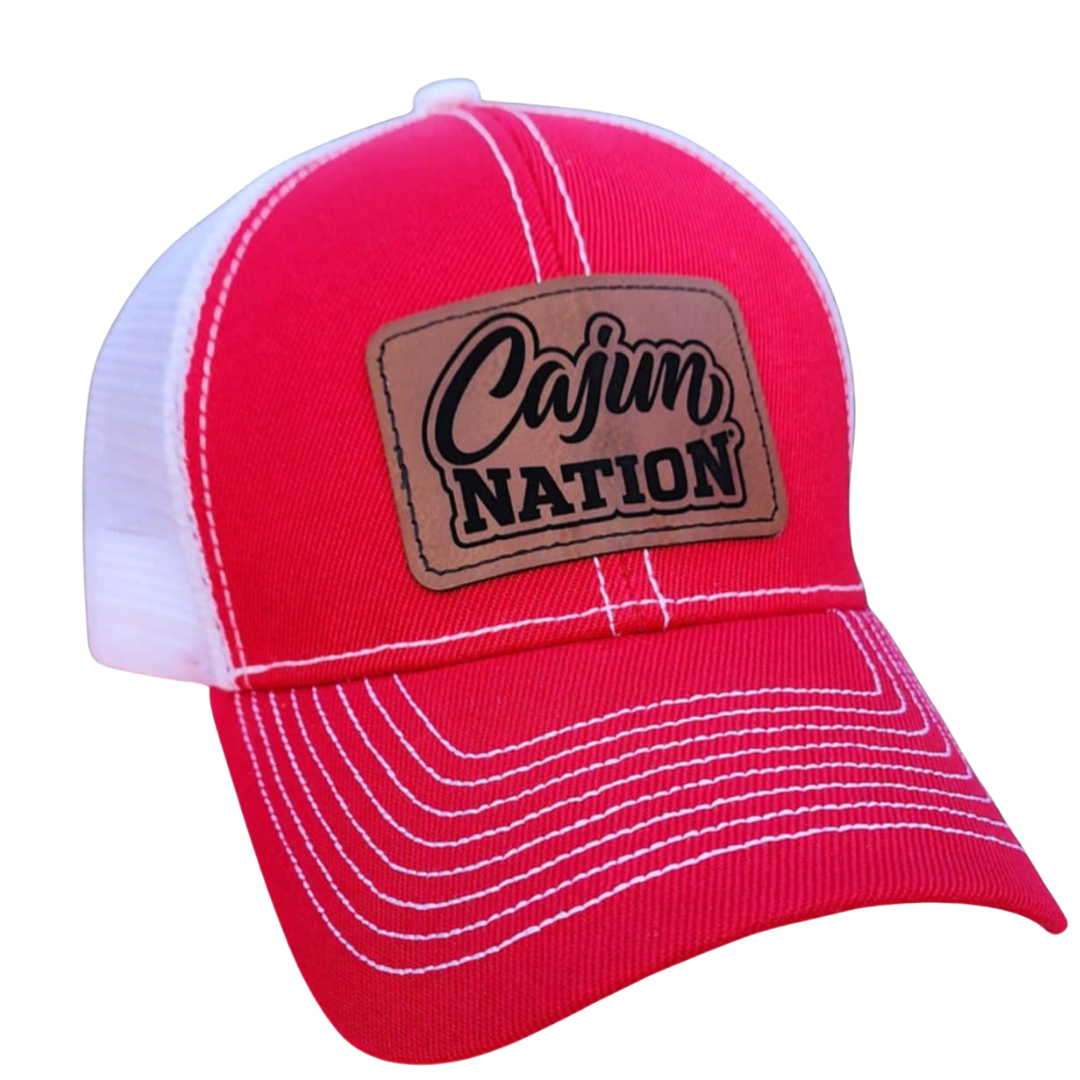 Red cap with a brown patch labeled 'Cajun Nation' on a white background