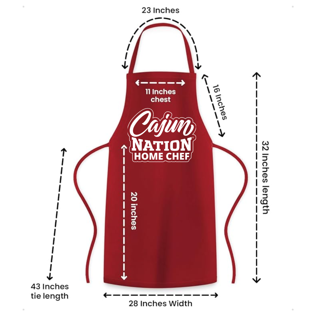 Cajun Nation Chef Red Apron
Length 34 Inches x Width 30 Inches (One Size Fits Most)
Apron Length Type Mid-Length
Color Red
Features With Pockets
Material Poly-Cotton Twill
Number of Pockets 2
Type Bib Aprons
Plastisol print
