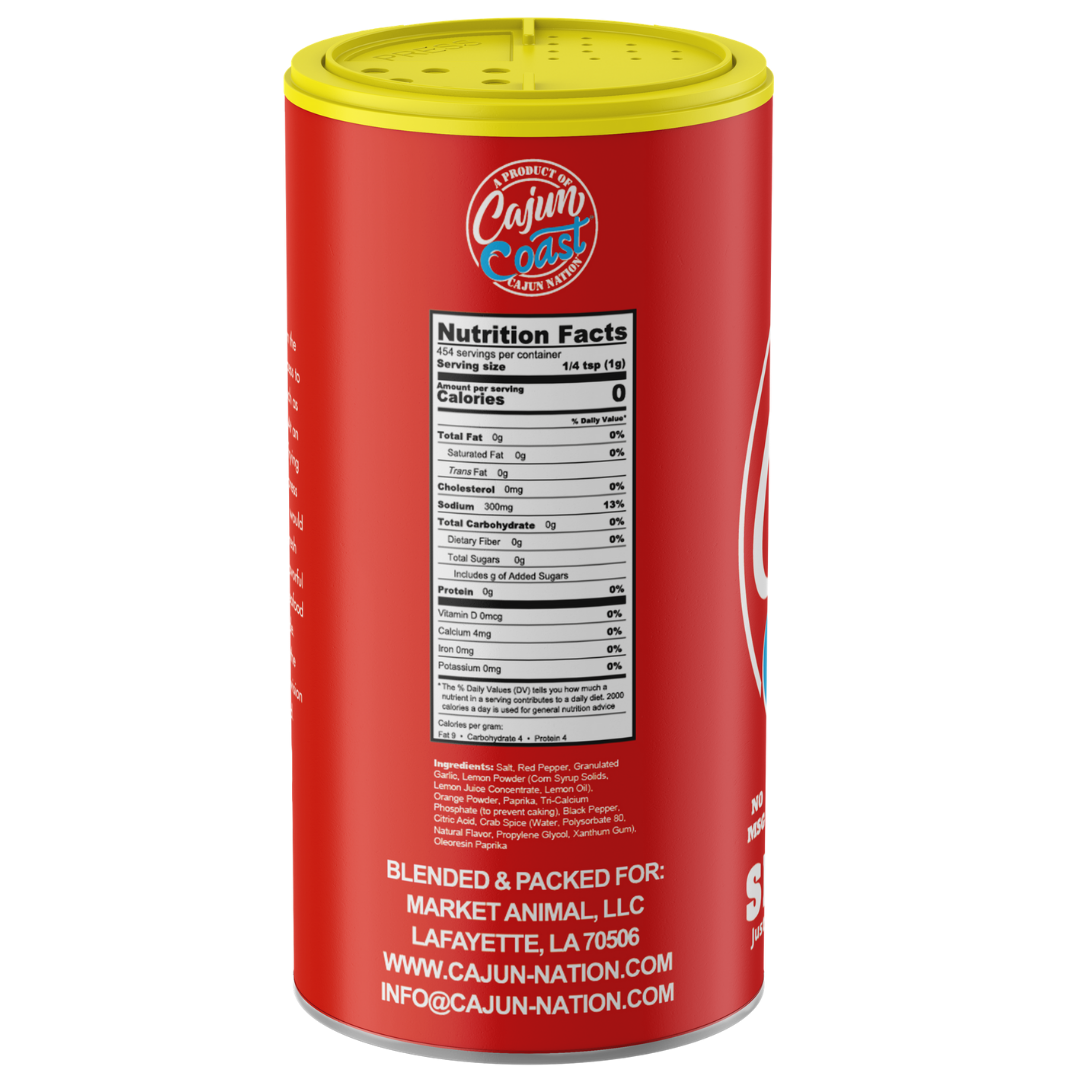GEAUX GET THE RED CAN - Cajun Nation CAJUN COAST Spicy Citrus Seafood Boil with No MSG and Gluten-Free is a 16 ounces; flavorful spicy citrus seasoning blend of Cajun Spices that contains 310mg of Sodium. Ingredients: Salt, Red Pepper, Granulated Garlic, Lemon Powder (Corn Syrup Solids, Lemon Juice Concentrate, Lemon Oil), Orange Powder, Paprika, Tri-Calcium Phosphate (to prevent caking), Black Pepper, Citric Acid, Crab Spice (Water, Polysorbate 80, Natural Flavor, Propylene Glycol, Xanthan Gum)