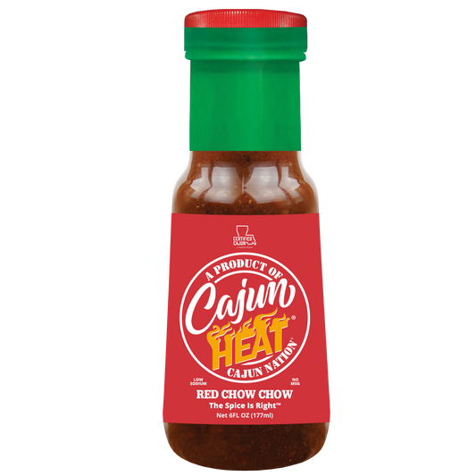 •	Authentic Cajun Red Chow Chow Relish – Bold Louisiana heat meets Southern tradition in this zesty red chowchow made with crushed red peppers and onions.
•	Low Sodium, No MSG, All Flavor – Only 100mg sodium per serving. Perfect for those watching salt but craving spicy relish flavor without compromise.
•	Perfect on Hot Dogs, Burgers, & More – Hot dog relish or hamburger relish, this spicy-sweet chow chow elevates meats, sandwiches, beans, and BBQ sides.
•	Crushed Red Pepper & Onion Blend – Enjoy a premium.