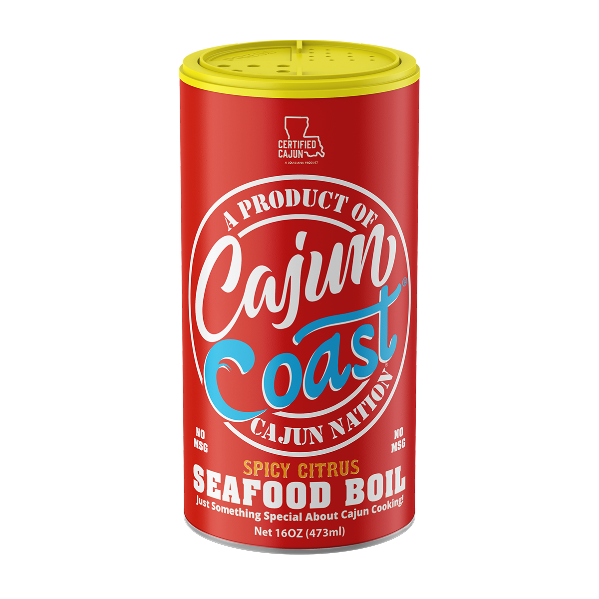 GEAUX GET THE RED CAN - Cajun Nation CAJUN COAST Spicy Citrus Seafood Boil with No MSG and Gluten-Free is a 16 ounces; flavorful spicy citrus seasoning blend of Cajun Spices that contains 310mg of Sodium. Ingredients: Salt, Red Pepper, Granulated Garlic, Lemon Powder (Corn Syrup Solids, Lemon Juice Concentrate, Lemon Oil), Orange Powder, Paprika, Tri-Calcium Phosphate (to prevent caking), Black Pepper, Citric Acid, Crab Spice (Water, Polysorbate 80, Natural Flavor, Propylene Glycol, Xanthan Gum)