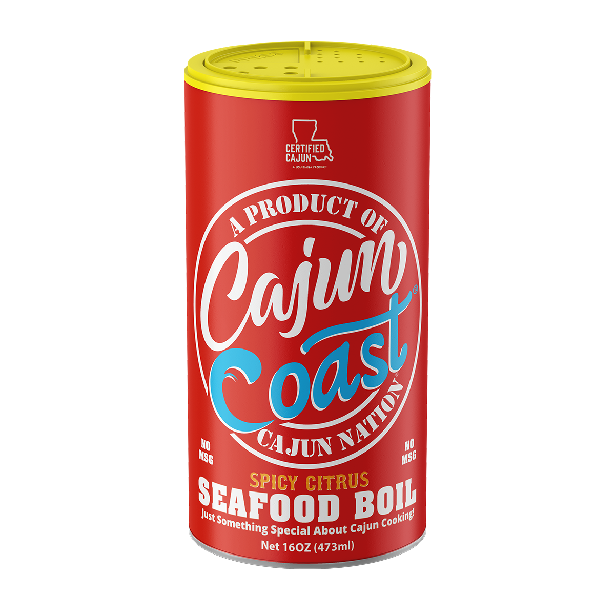  GEAUX GET THE RED CAN - Cajun Nation Cajun Coast Spicy Citrus Seafood Boil with No MSG and Gluten-Free is a Certified Cajun 16 ounce  flavorful spicy citrus seasoning blend of Cajun Spices that contains 310mg of Sodium.  Made in Cajun Nation, Louisiana along the Cajun Coast.