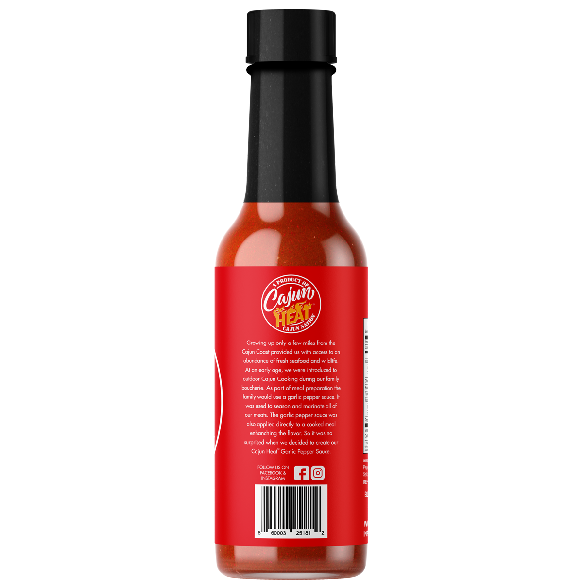 Cajun Nation Cajun Heat Low Sodium Garlic Pepper Sauce is a Certified Cajun LOW SODIUM 5 fluid ounces,  flavorful blend of Cajun Red Peppers and Garlic Juice with No MSG. It contains 100mg of sodium.  Made in Cajun Nation, Louisiana along the Cajun Coast.