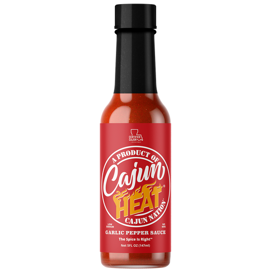 Cajun Nation Cajun Heat Low Sodium Garlic Pepper Sauce is a Certified Cajun LOW SODIUM 5 fluid ounces,  flavorful blend of Cajun Red Peppers and Garlic Juice with No MSG. It contains 100mg of sodium.  Made in Cajun Nation, Louisiana along the Cajun Coast.