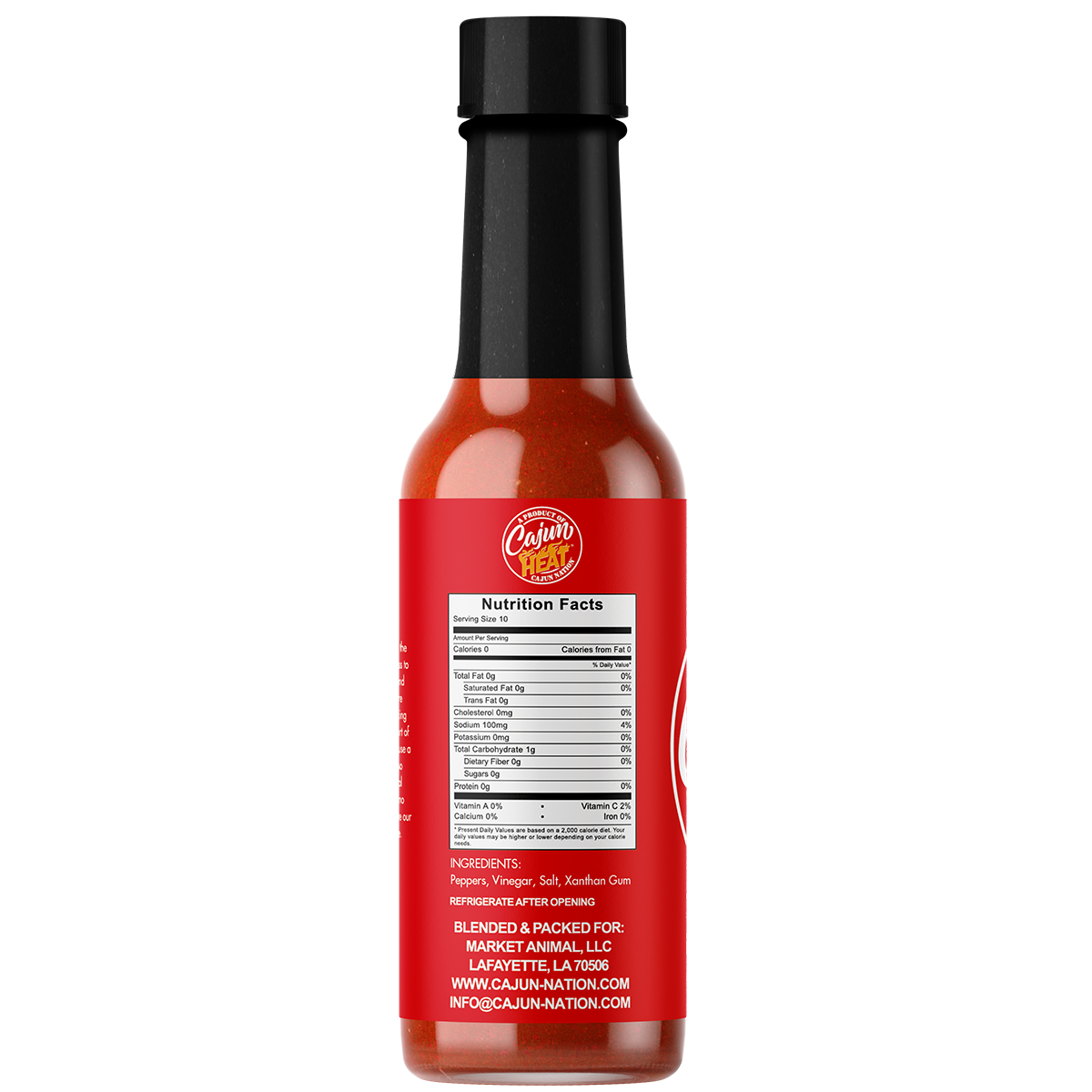  Cajun Nation Cajun Heat Low Sodium Louisiana Hot Sauce is a Certified Cajun LOW SODIUM 5 fluid ounces, flavorful blend of Louisiana Red Peppers with No MSG.  It contains 100mg of sodium.  Made in Cajun Nation, Louisiana along the Cajun Coast. 