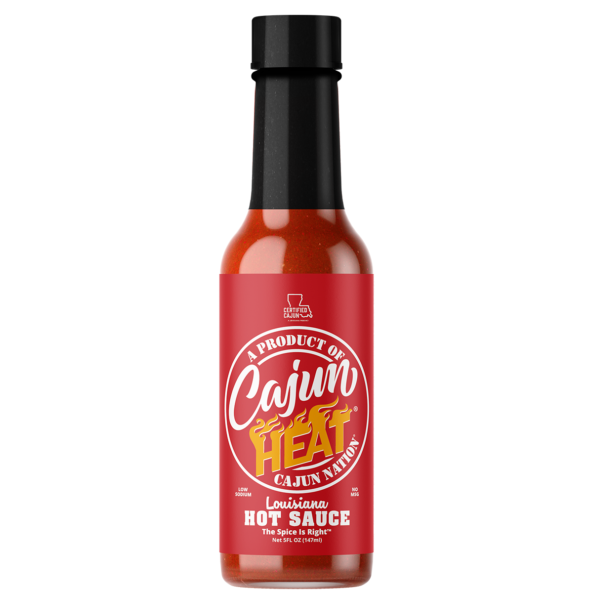 Cajun Nation Cajun Heat Low Sodium Louisiana Hot Sauce is a Certified Cajun LOW SODIUM 5 fluid ounces, flavorful blend of Louisiana Red Peppers with No MSG.  It contains 100mg of sodium.  Made in Cajun Nation, Louisiana along the Cajun Coast. 