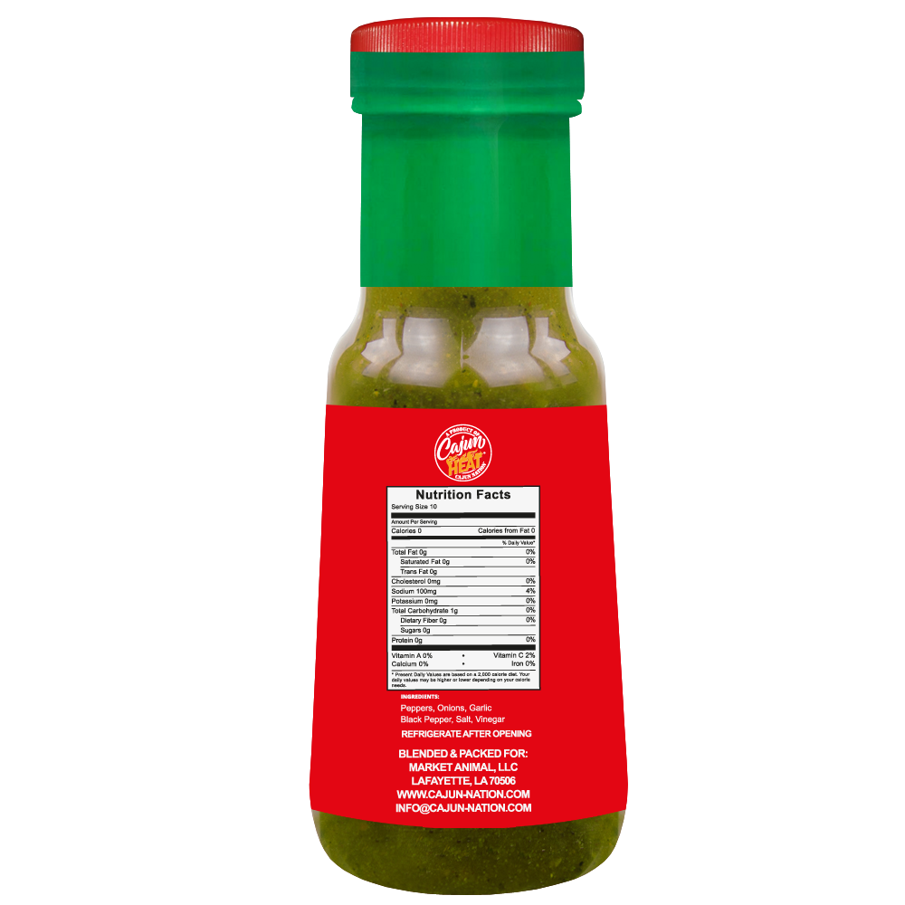 Cajun Nation CAJUN HEAT Low Sodium Green Chow Chow of Crushed Green Peppers is a 6 fluid ounces LOW SODIUM flavorful blend of Green Peppers with No MSG. It contains 100mg of sodium. Ingredients: Peppers, Onions, Garlic, Black Pepper, Salt, Vinegar. Cajun Nation, Louisiana along the Cajun Coast.