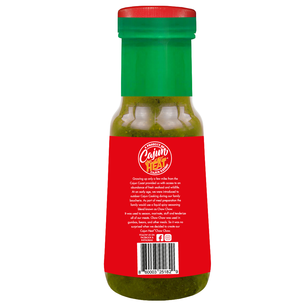 Cajun Nation CAJUN HEAT Low Sodium Green Chow Chow of Crushed Green Peppers is a 6 fluid ounces LOW SODIUM flavorful blend of Green Peppers with No MSG. It contains 100mg of sodium. Ingredients: Peppers, Onions, Garlic, Black Pepper, Salt, Vinegar. Cajun Nation, Louisiana along the Cajun Coast.