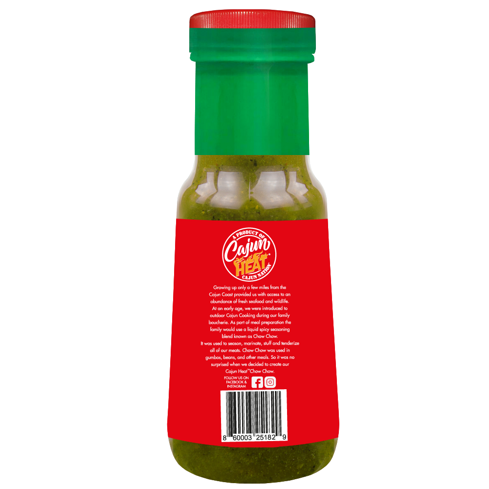  Cajun Nation Cajun Heat Low Sodium Green Chow Chow of Crushed Green Peppers is a Certified Cajun 6 fluid ounces LOW SODIUM flavorful blend of Cajun Green Peppers with No MSG. It contains 100mg of sodium. Ingredients: Peppers, Onions, Garlic, Black Pepper, Salt, Vinegar. Made in Cajun Nation, Louisiana along the Cajun Coast.