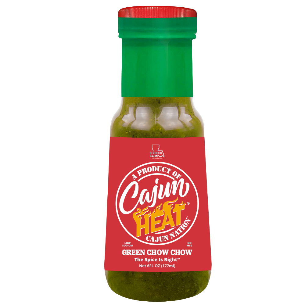 Cajun Nation CAJUN HEAT Low Sodium Green Chow Chow of Crushed Green Peppers is a 6 fluid ounces LOW SODIUM flavorful blend of  Green Peppers with No MSG. It contains 100mg of sodium. Ingredients: Peppers, Onions, Garlic, Black Pepper, Salt, Vinegar. Cajun Nation, Louisiana along the Cajun Coast.