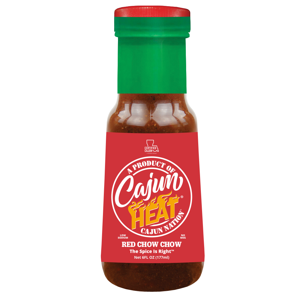 Cajun Nation CAJUN HEAT Red Chow Chow - Crushed Red Peppers is a Certified Cajun 6 fluid ounces, LOW SODIUM flavorful blend of Red Peppers with No MSG. It contains 100mg of sodium.  Cajun Nation, Louisiana along the Cajun Coast.