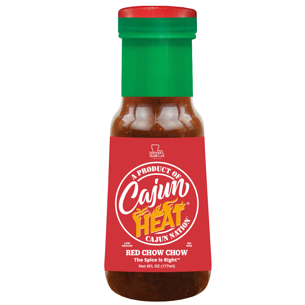  Cajun Heat Red Chow Chow - Crushed Red Peppers ( Old Fashion Cajun Hot Sauce ) is a Certified Cajun 6 oz LOW SODIUM flavorful blend of Cajun Red Peppers with No MSG blended for the Home Chef. It contains 100mg of sodium. Ingredients: Peppers, Onions, Garlic, Black Pepper, Salt, Vinegar.  Blended in Cajun Nation along the Cajun Coast in Southwest Louisiana.