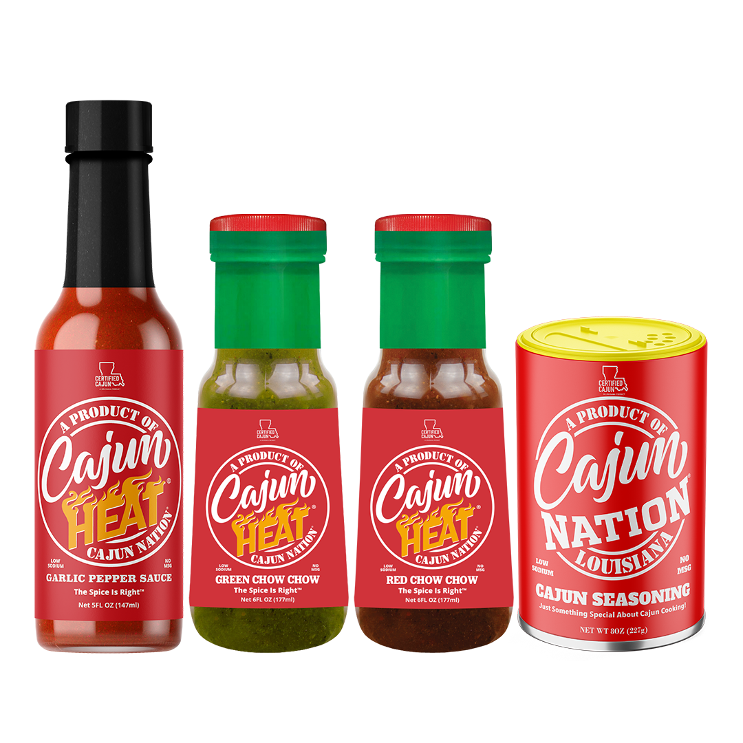 Cajun Nation Cajun Seasoning and Cajun Heat Hot Sauces, 4 Pack: LOW SODIUM with No MSG and Gluten Free.  Blended in Cajun Nation along the Cajun Coast in Southwest Louisiana.