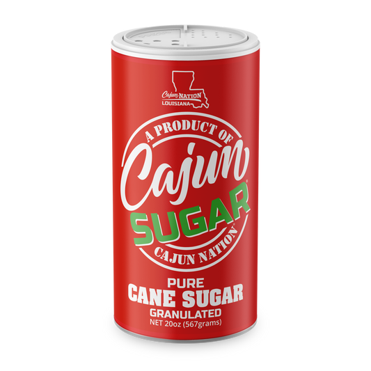  Cajun Sugar is 100% Granulated White Sugar, 20 oz, PURE CANE SUGAR Ingredients: Sugar.  Ideal for sweetening beverages, table use, and baking.  Cajun Nation along the Cajun Coast is a blended commUNITY of 22 parishes connected by family, food, friends, and fun.  