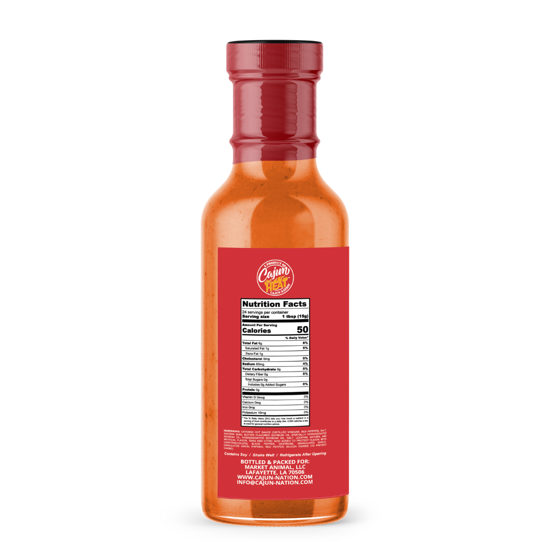 •	AUTHENTIC CAJUN FLAVOR – Straight from Louisiana’s Cajun Coast, this bold buffalo wing sauce blends zesty Cajun Nation seasoning for a true Southern kick. The spice is right!
•	LOW SODIUM, NO MSG – Only 85mg sodium per serving and no MSG. A flavorful buffalo sauce you can enjoy without guilt, perfect for health-conscious spice lovers.
•	VERSATILE USAGE – Ideal on buffalo wings, buffalo chicken, grilled meats, veggies, shrimp, or mixed into buffalo chicken dip. A bold twist on buffalo wild wings sauce!