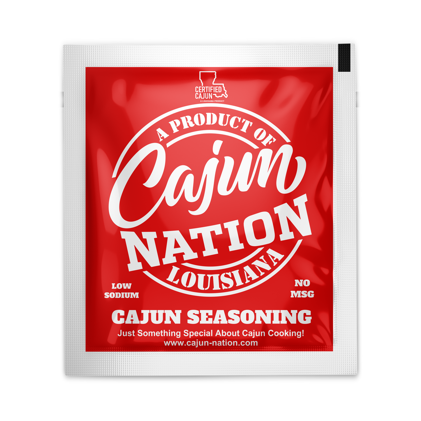 Cajun Nation Seasoning Packets are a Certified Cajun flavorful blend of Cajun Spices with No MSG and Gluten-Free.  Made in Cajun Nation, Louisiana along the Cajun Coast. 