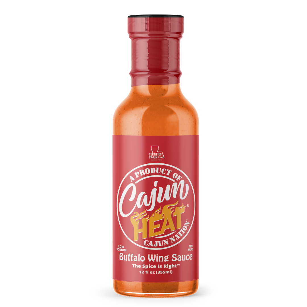 Cajun Heat Buffalo Wing Sauce is a Certified Cajun LOW SODIUM 12 fl oz flavorful blend with No MSG, and infused with Cajun Nation Cajun Seasoning.  Made in Cajun Nation, Louisiana along the Cajun Coast. 