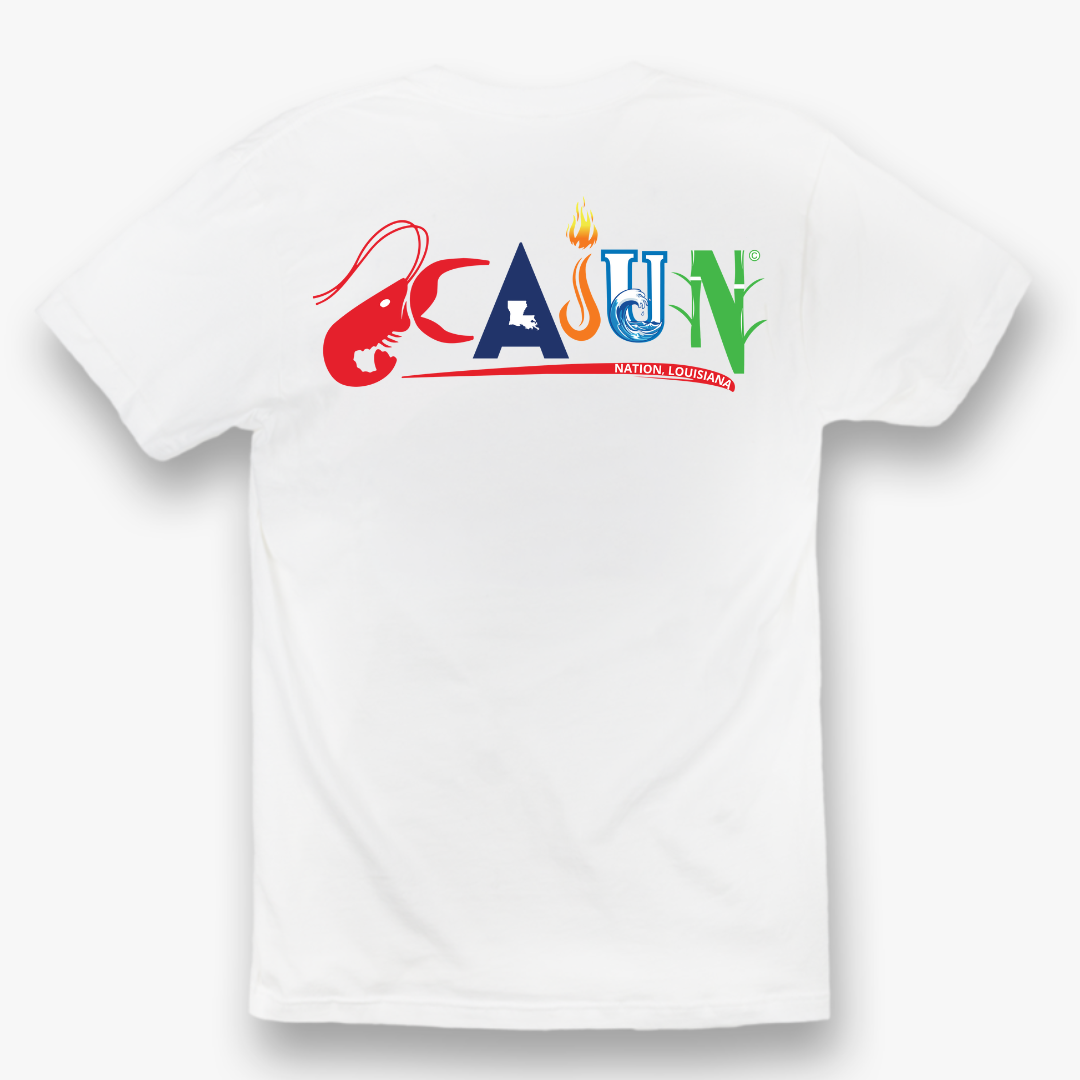 BACK: Cajun Nation Louisiana T-shirt Deluxe 4.3 oz., preshrunk 100% combed ring-spun cotton Seamed collar Shoulder-to shoulder tape Features a TearAway label Tubular construction Semi-fitted Double-needle sleeve and bottom hem Oeko-Tex® Standard 100 Certified Plastisol print 2 Sided
