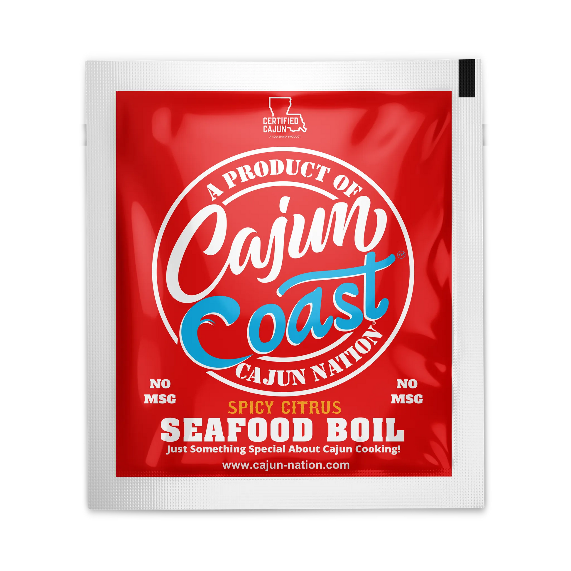 Cajun Nation Cajun Coast Spicy Citrus Seafood Boil Seasoning Packets with No MSG and Gluten-Free is a Certified Cajun product.  Made in Cajun Nation, Louisiana along the Cajun Coast.