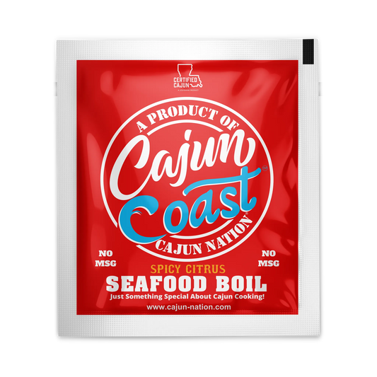 Cajun Nation Cajun Coast Spicy Citrus Seafood Boil Seasoning Packets with No MSG and Gluten-Free is a Certified Cajun product. Made in Cajun Nation, Louisiana along the Cajun Coast.