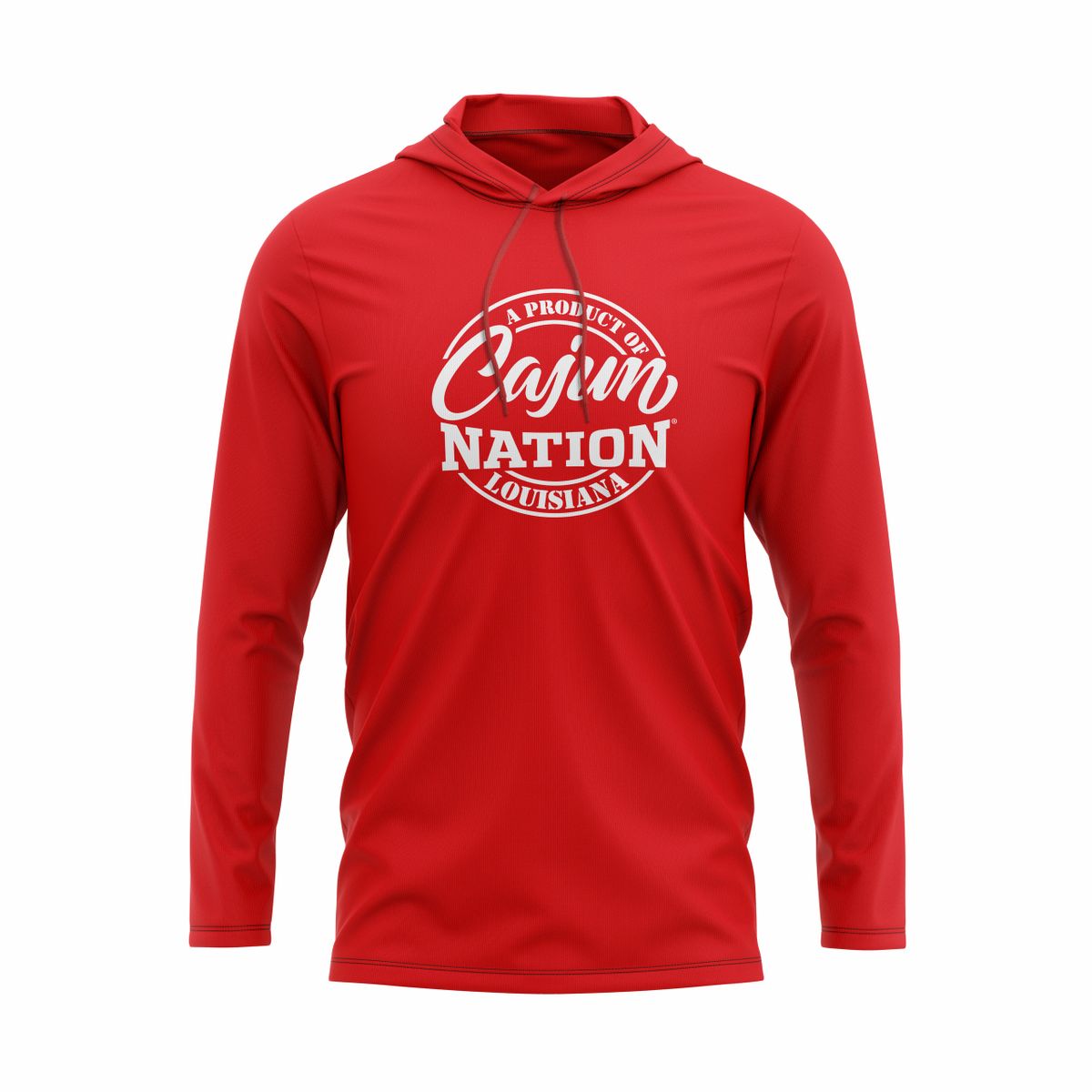 Cajun Nation Red Lightweight Pullover Hoodie - 4.3 oz., 100% combed ring spun cotton, 32 singles Heather colors are 65/35 polyester/ringspun cotton Relaxed unlined hood with contrast drawcord Double-needle neck, sleeve and bottom hem Tubular construction Plastisol print