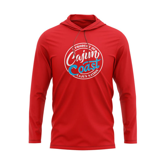  Cajun Coast Red Lightweight Pullover Hoodie - 4.3 oz., 100% combed ring spun cotton, 32 singles Heather colors are 65/35 polyester/ringspun cotton Relaxed unlined hood with contrast drawcord Double-needle neck, sleeve and bottom hem Tubular construction Plastisol print
