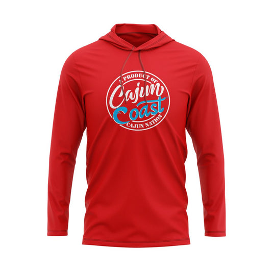  Cajun Coast Red Lightweight Pullover Hoodie - 4.3 oz., 100% combed ring spun cotton, 32 singles Heather colors are 65/35 polyester/ringspun cotton Relaxed unlined hood with contrast drawcord Double-needle neck, sleeve and bottom hem Tubular construction Plastisol print